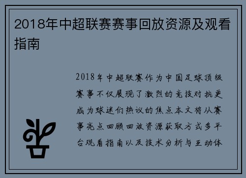 2018年中超联赛赛事回放资源及观看指南